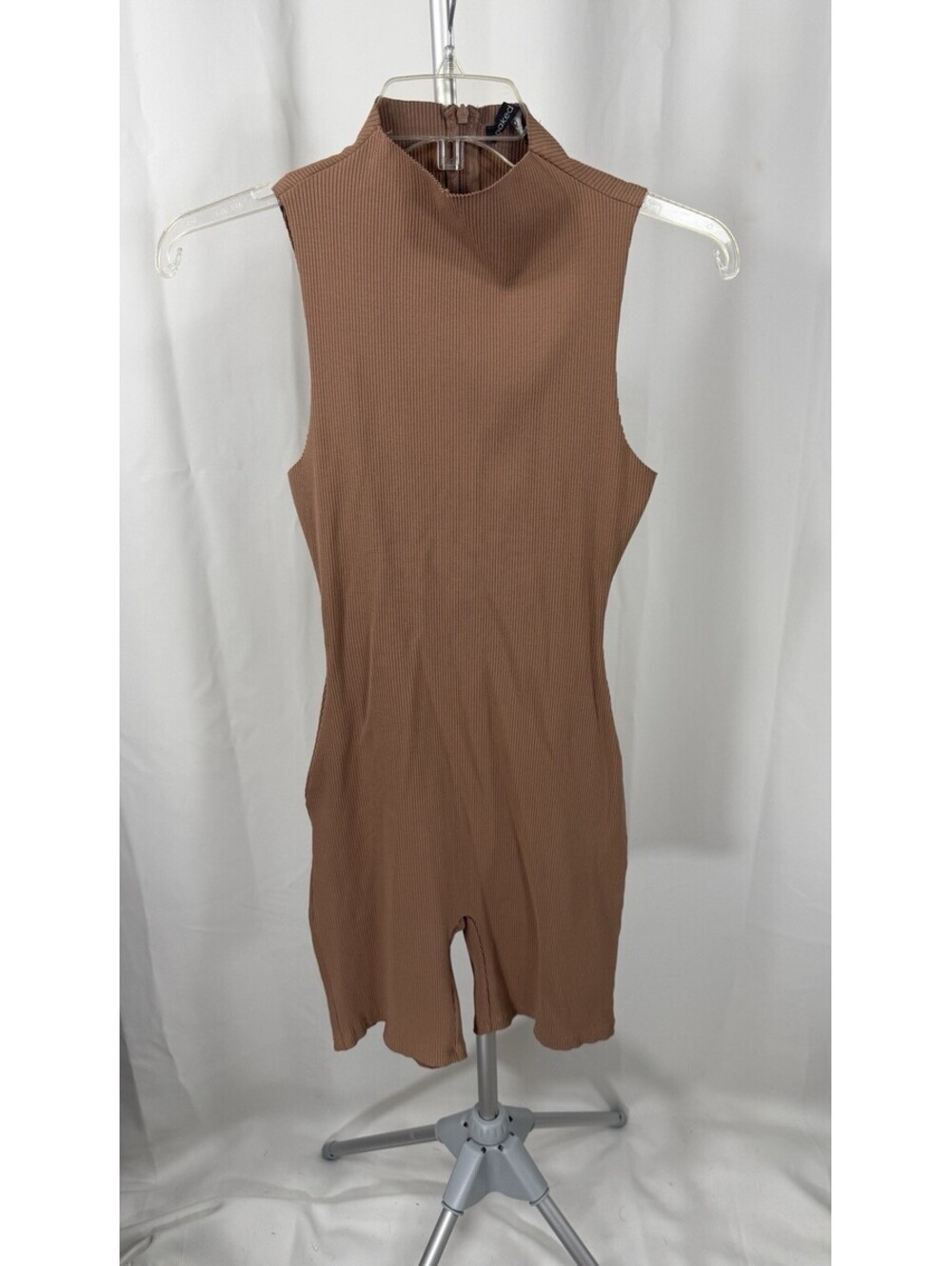 Womens Naked Wardrobe Ribbed Mock Neck Biker Romper Medium Mocha Brown Unitard